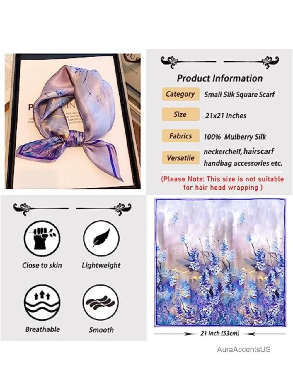 100% Mulberry Silk Square Scarf 21